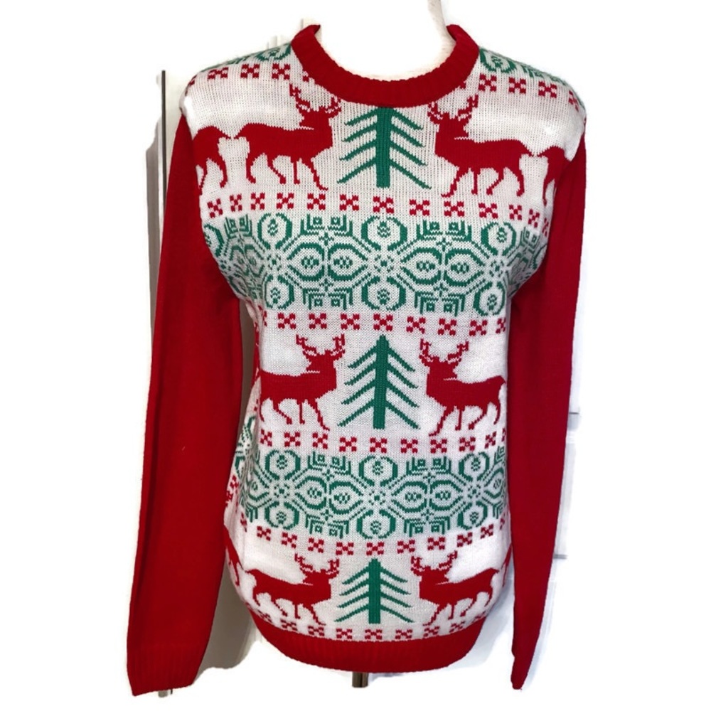 IMAGIN8 SWEATER CREW NECK UGLY XMAS RED WHITE REINDEER TREES HOLIDAY Size S